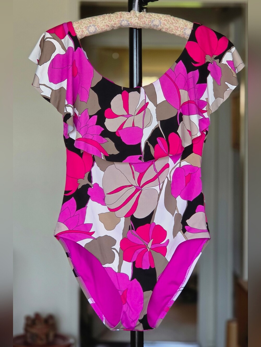 Trina Turk Off-Shoulder Ruffle Pink & Black Floral One Piece Swimsuit